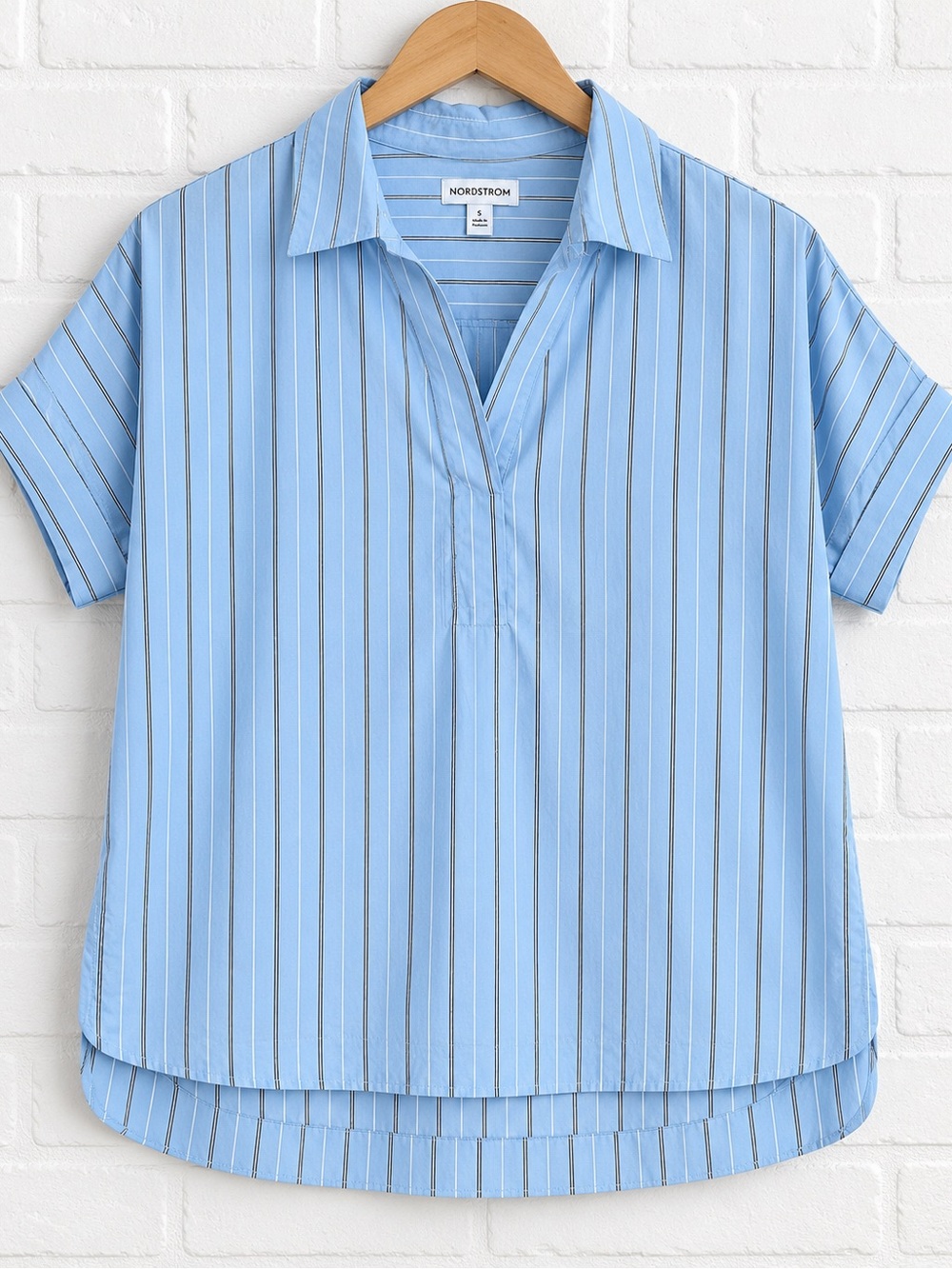Nordstrom Light Blue Striped Short-Sleeve Popover Shirt